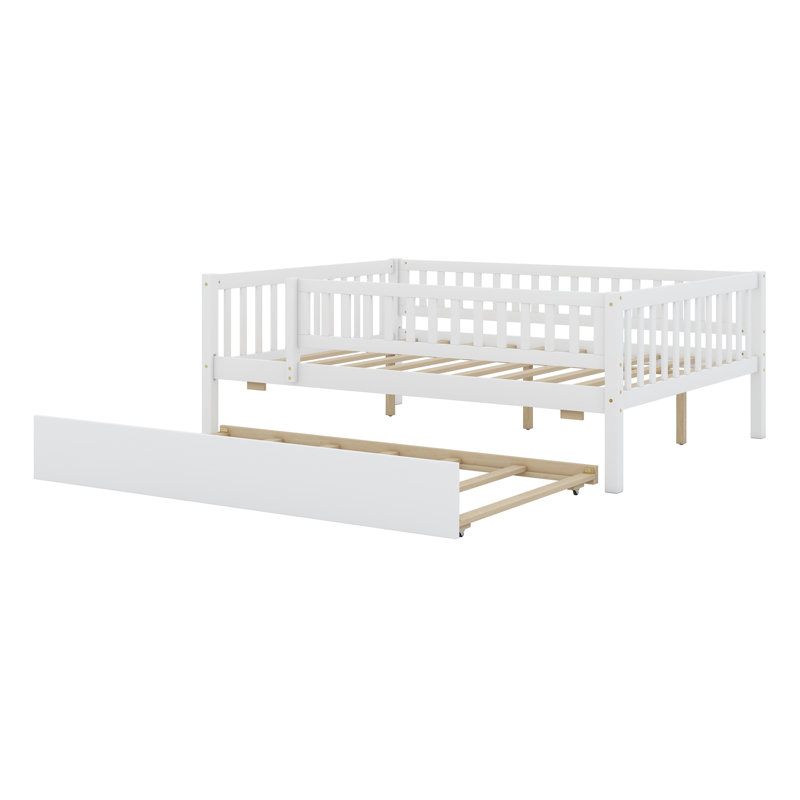 Wood Daybed With Trundle And Fence Guardrails, White
