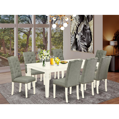 Cet ensemble de salle à manger 9 pièces comprend une table de salle à manger rectangulaire avec des rallonges papillon et 8 chaises Parson rembourrées en lin gris, blanc lin