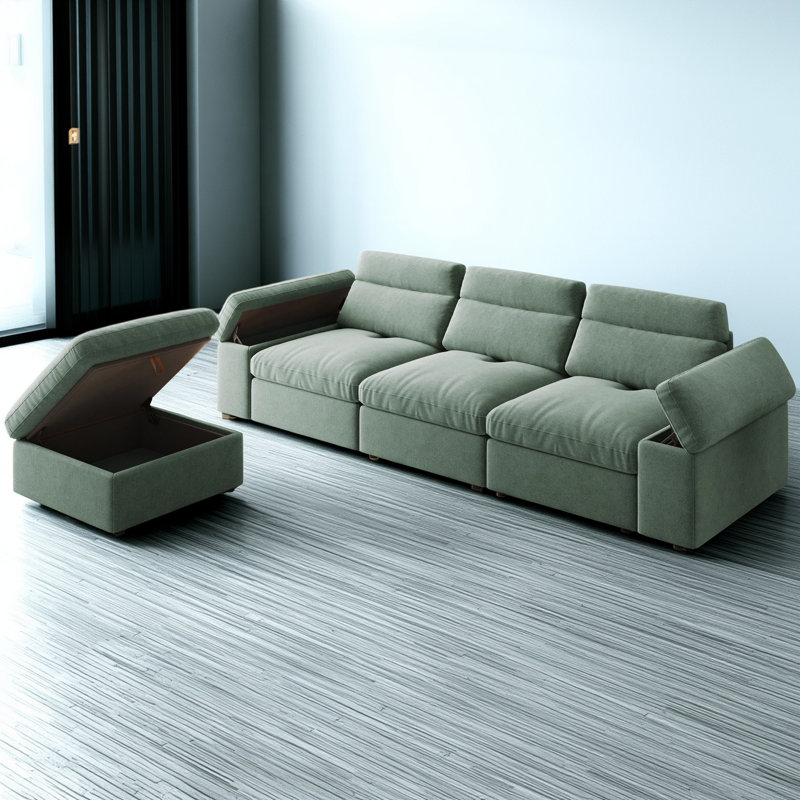 Multifunctional Sofa With Cotton And Linen Material, Adjustable Down Backrest, Can Be Used As A Bed + Built-In Storage, Green