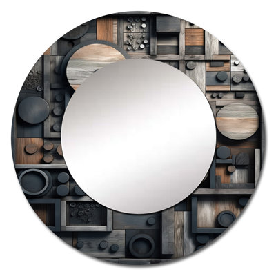 Cubic Geometric Dreams IV - Cubism Decorative Wall Mirror, Gray Round Mirror, Printed Metal Art
