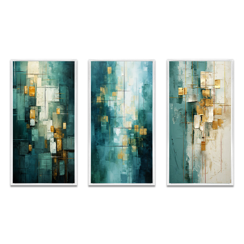 California Sunshine Retro abstrait bleu sarcelle - ensemble de 3 peintures d'art abstrait, Cadre flottant blanc