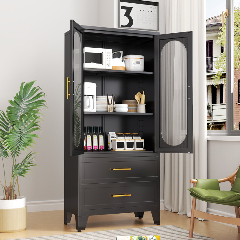 Armoire de rangement autoportante moderne en métal avec 2 tiroirs et 2 portes en verre acrylique, Noir mat