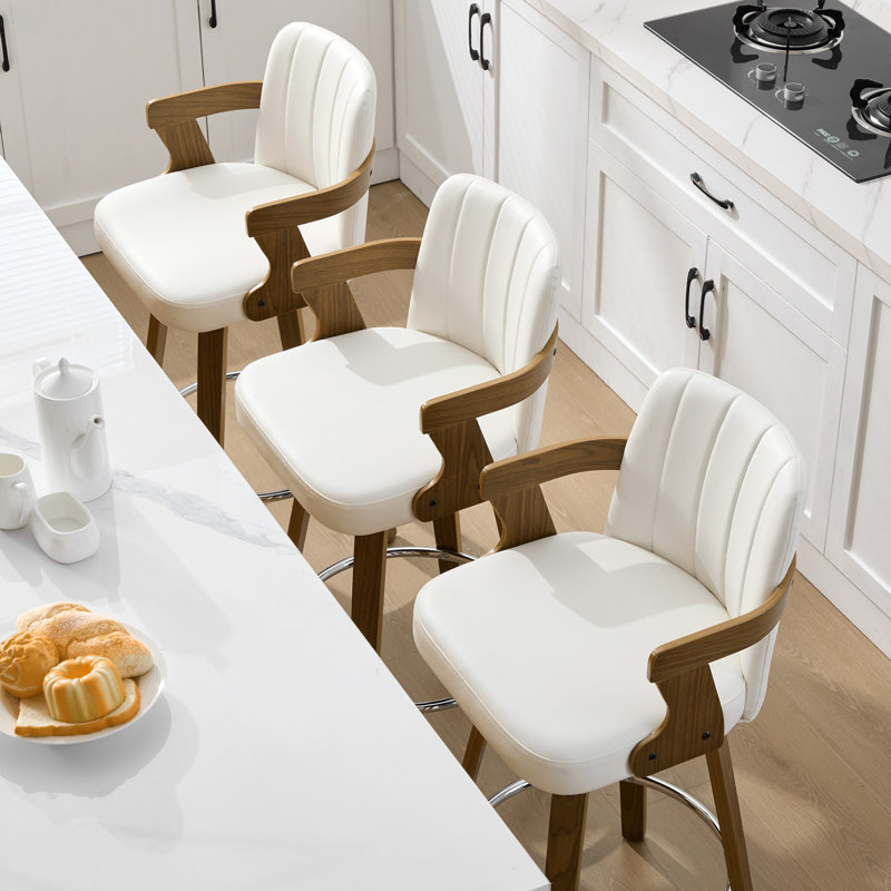 Upholstered Swivel Counter & Bar Stool with Armrest (Set of 3), Counter Stool (26" Seat Height), White