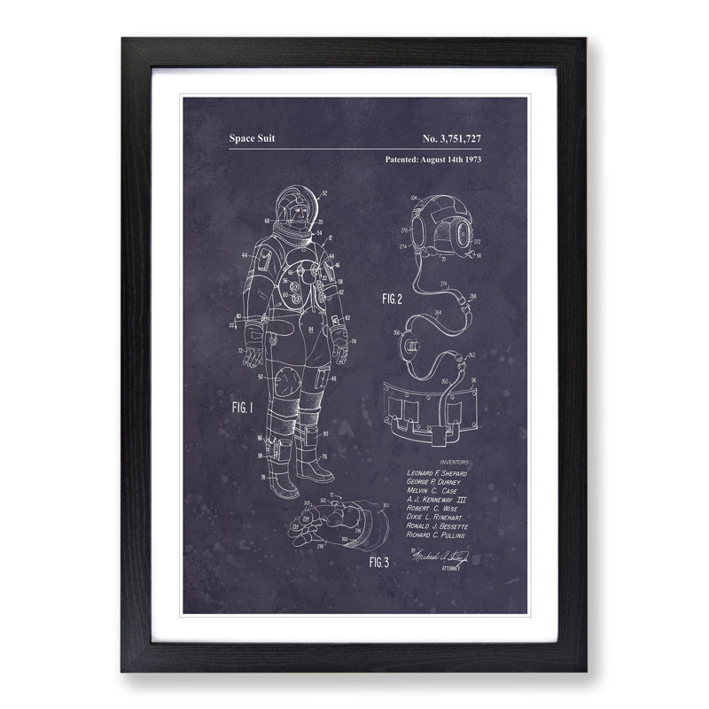 Space Suit Patent Dark - Single Picture Frame Print on Wood, Black Framed, 90cm H x 65cm W x 2cm D