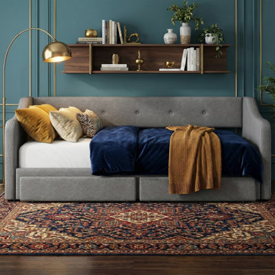 85" Twin XL to King Convertible Upholstered Daybed with 2 Storage Drawers, Button Tufted, Gray