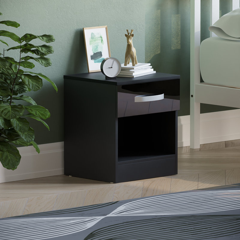 Arkadij High Gloss 1 Drawer Manufactured Wood Bedside Table, Modern Bedroom Cabinet, Black
