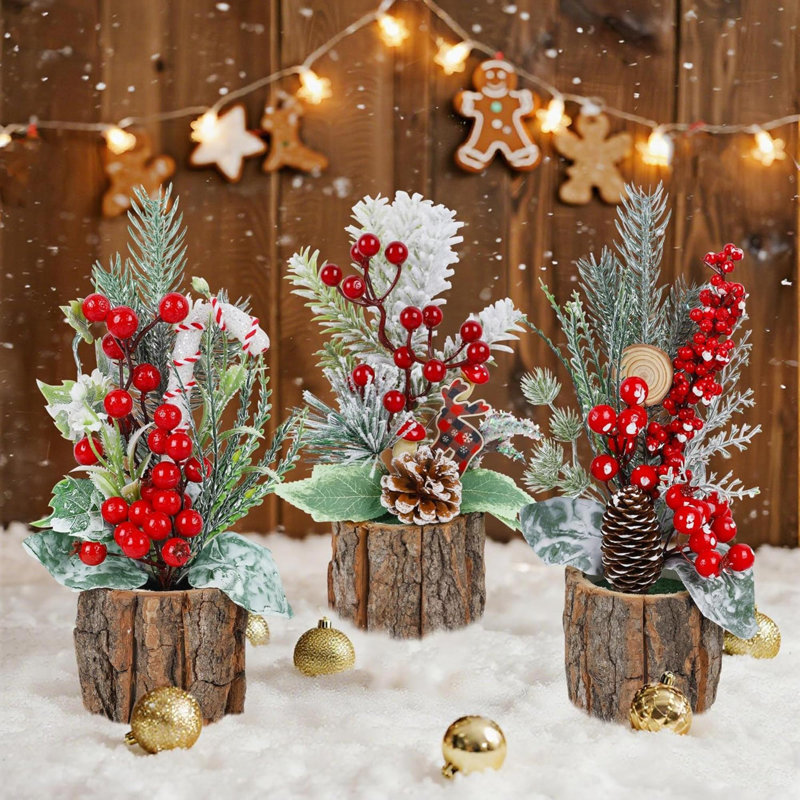 Ensemble de 3 mini-décorations de table, arbres de Noël artificiels avec baies et pommes de pin pour la maison, le bureau, le dessus de table