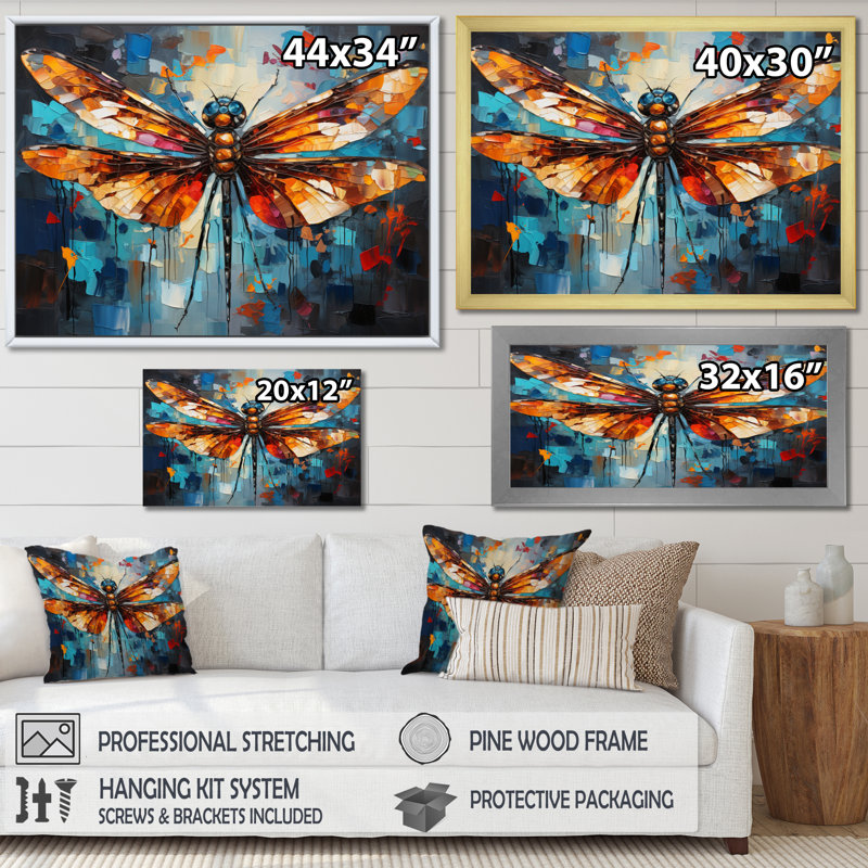 «Orange Dragonfly insectes Flight Collage II», reproduction sur toile, H 16 po x l 32 po x P 1 po, Toile tendue