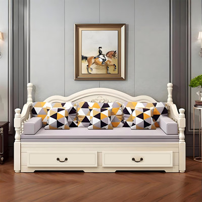 29.53"D Modern Minimalist Ivory Multi-Functional Solid Wood Frame Pull-Out Extendable Cotton Linen Blend Sofa Bed
