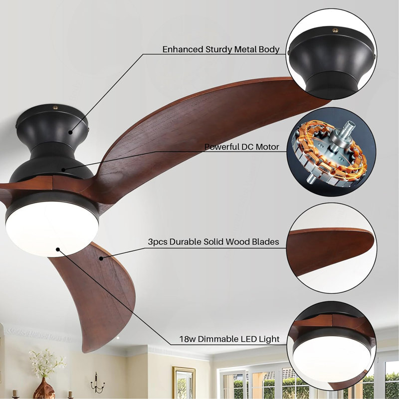 52 Inch Modern Ceiling Fan With 3 Color Dimmable Solid Wood  Blades Remote Control Reversible DC Motor For Bedroom