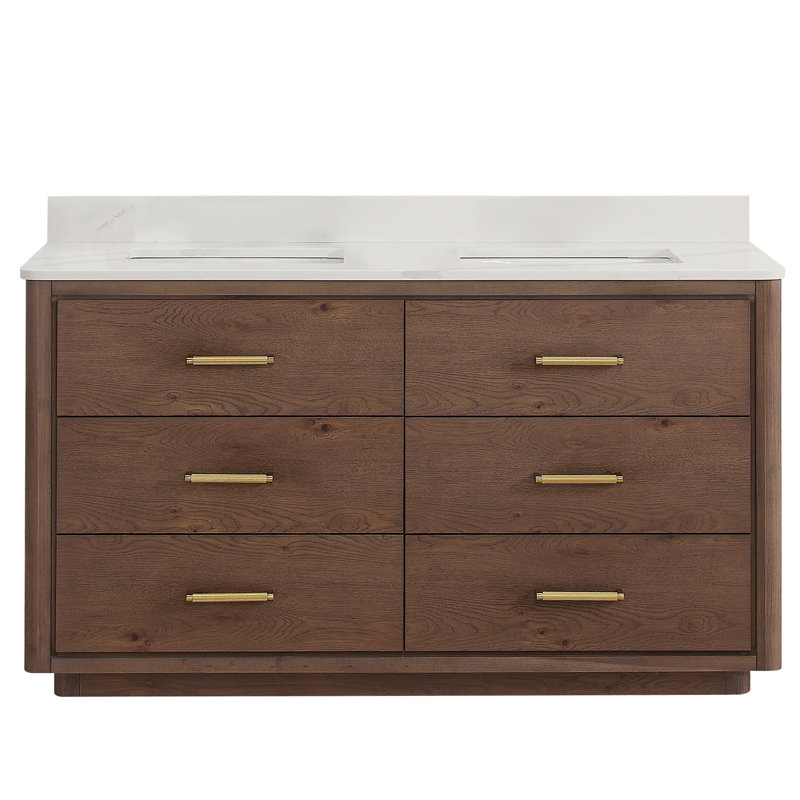 Porto 60'' Free Standing Double Bathroom Vanity with Quartz Top, Dark Brown Oak, Gold