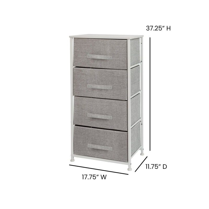 Commode de rangement verticale à 4 tiroirs avec plateau en bois et tiroirs en tissu Colne, Blanc / gris clair