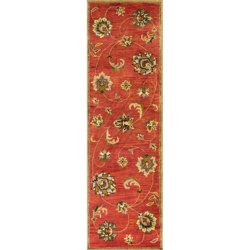 Tapis rouge / vert en laine touffeté à la main Blarwood, Tapis de couloir 2 pi 3 po x 7 pi 6 po