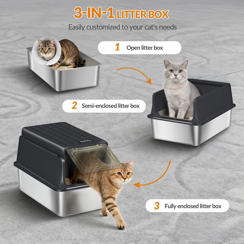 Stainless Steel Cat Litter Tray with Flip Lid, XXL Enclosed Metal Cats Litter Box, with Cat Litter Scoop and Foot Step, Removable, 120° Flip Top Design, Easy to Clean 