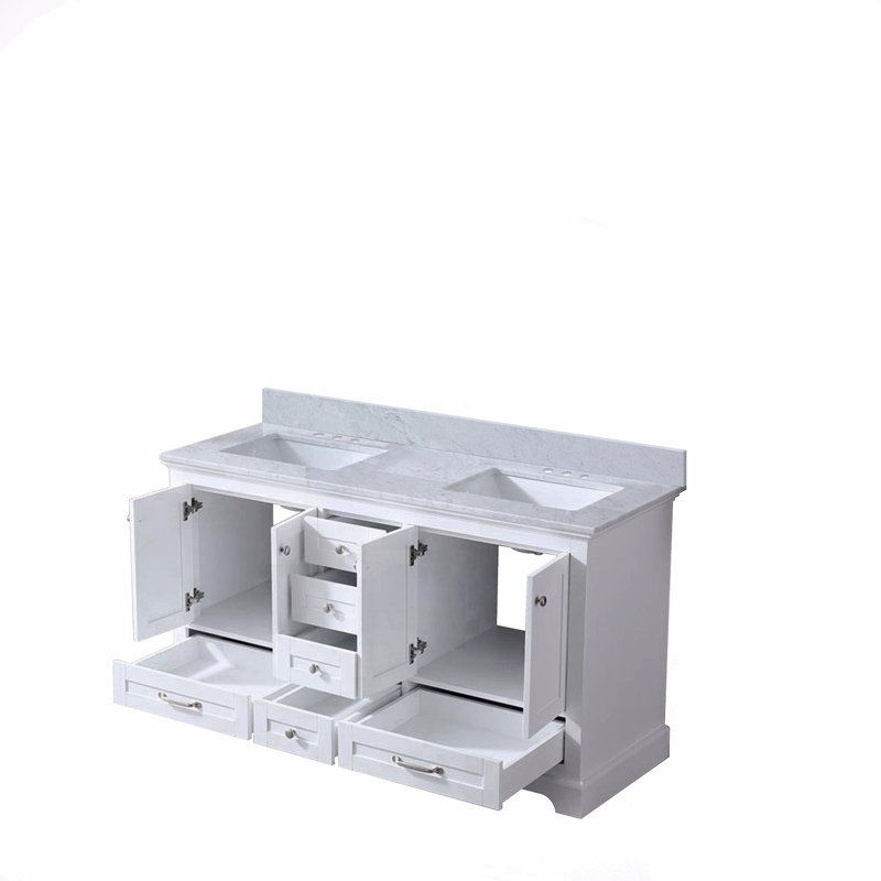 Meuble-lavabo double 60 po X P 22 po D, avec plateau en marbre de Carrare, Blanc