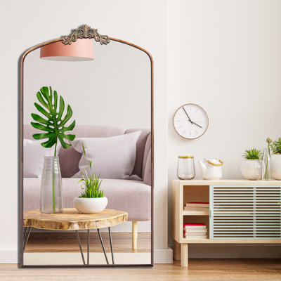 Miroir de plancher en bronze antique avec cadre en métal 36 po x 66 po - pleine longueur arquée ornée pour le salon, la chambre à coucher et le vestibule