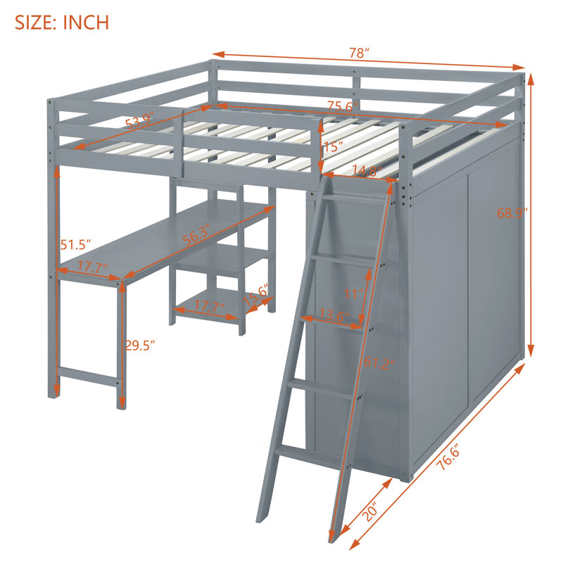 Lit mezzanine avec garde-robe, bureau et tablettes, Gris