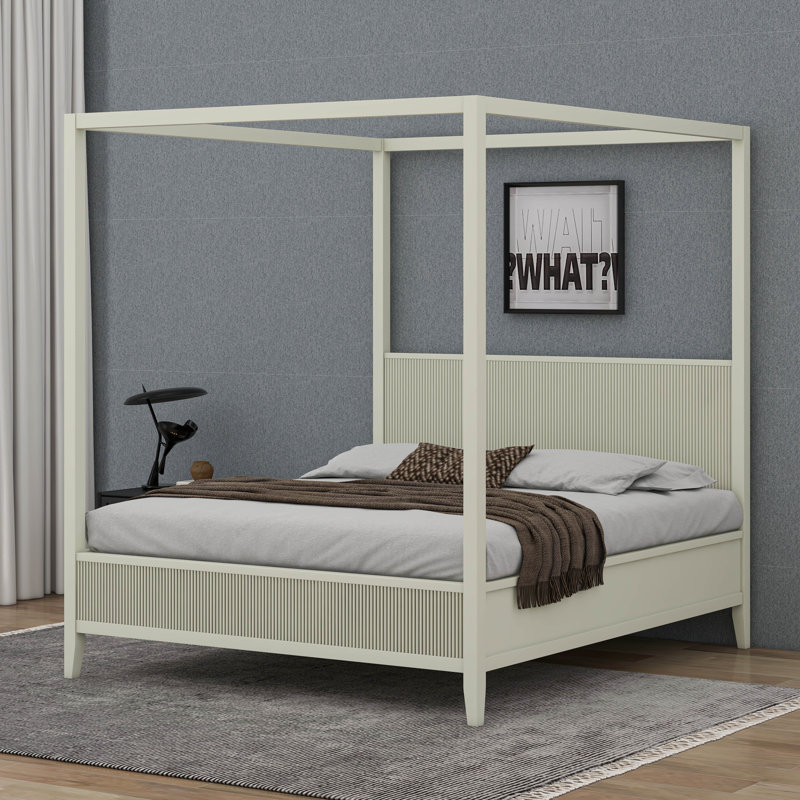 Wooden Canopy Platform Bed Frame with Timeless Fluted Panels and Thick Support Slats, Queen, Beige