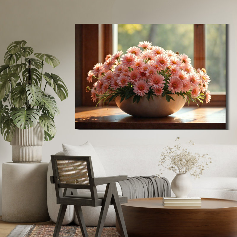 Art mural en verre rose avec marguerites roses, 20" H x 30" W