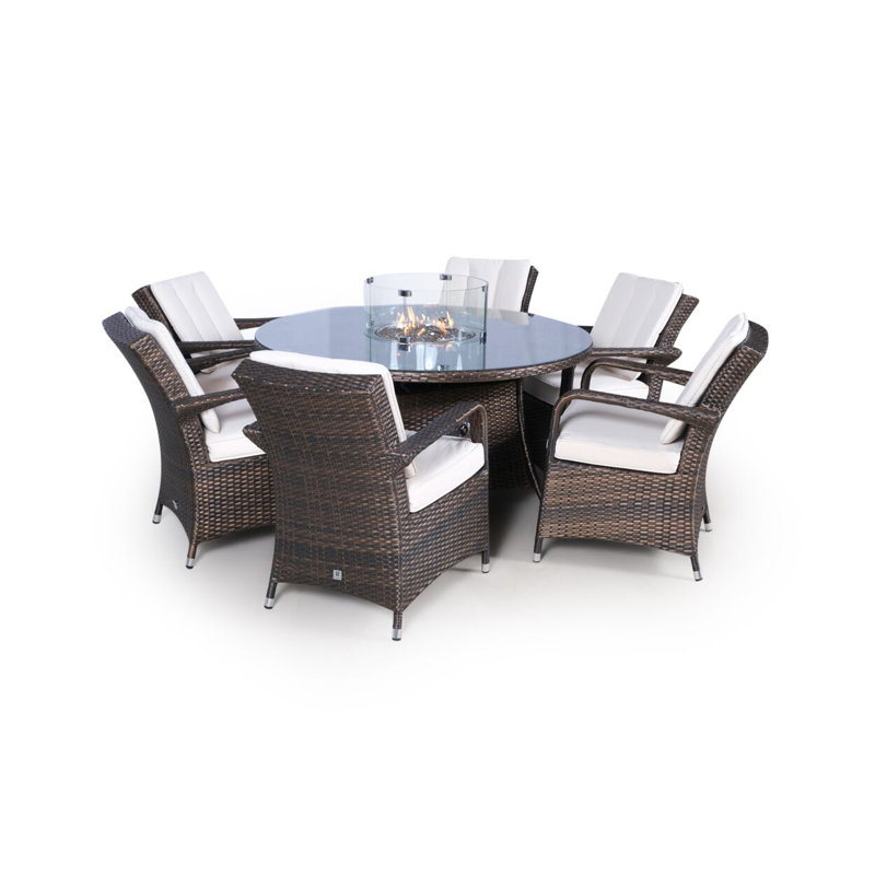 Ouellette 6 - Person Wicker Patio Dining Set with Round Table , Cushions Included, Beige, Brown