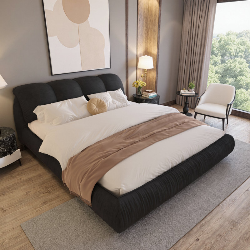 Queen Size Luxury Upholstered Platform Bed | Oversized Padded Headboard | Solid Pine Wood Frame | No Box Spring Needed | Black