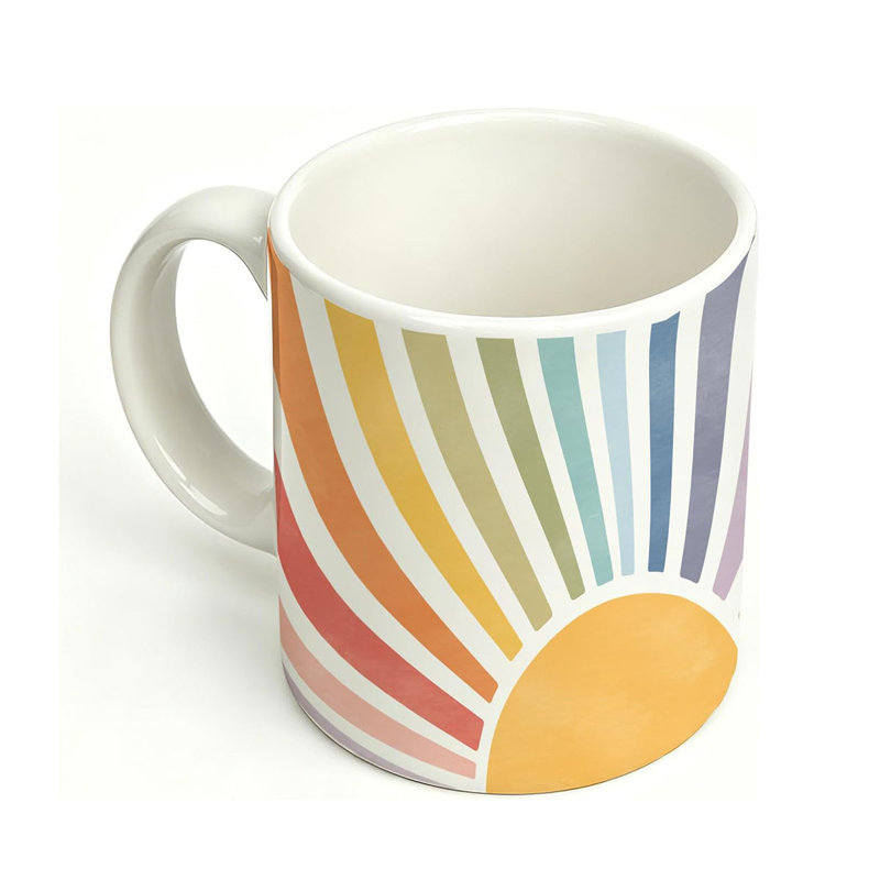 Boho Rainbow Ceramic Mug Cup With Handle, Colorful Watercolor Sunshine Porcelain Tea Mug for Kids Boys Girls Nursery, 11 Ounce