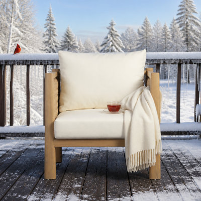 Set of 2 Outdoor Acacia Wood Patio Chairs, Light Brown PE Wicker Woven Armchairs with Beige Cushions