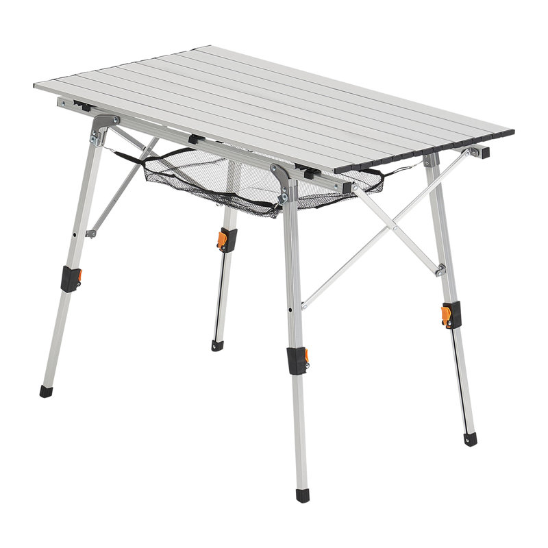 Folding Camping Table, Portable Roll Up Side Tables, Lightweight Aluminum Beach Table with Adjustable Height, Top Mesh Layer and Carry Bag, For Outdoor BBQ Tailgating Picnic, Travel, Silver