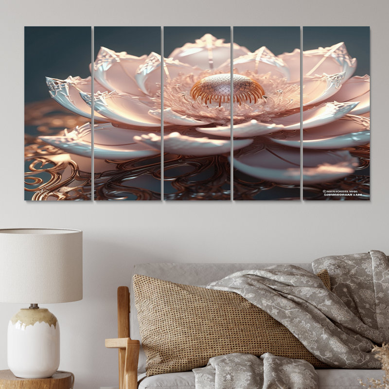 «Pink Blossoming Glam Lotus With Core IV», reproduction sur toile Lotus - 5 panneaux égaux