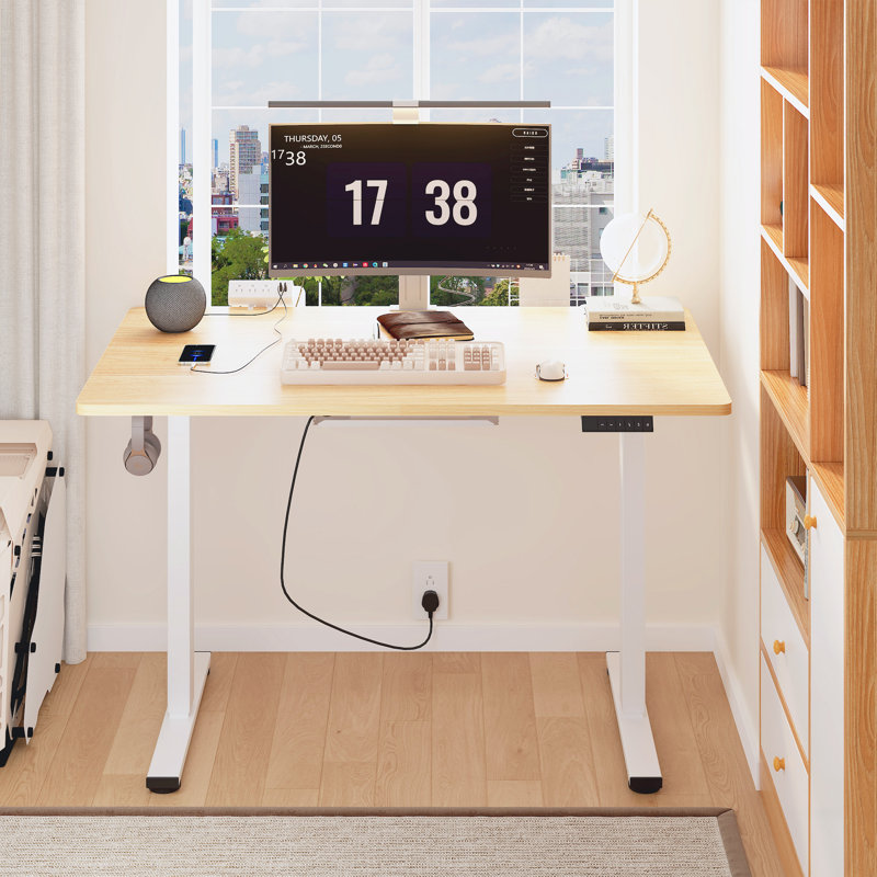 Adjustable Standing Desk, Whole-Piece Desktop, Maple/White, 48" W x 30" D