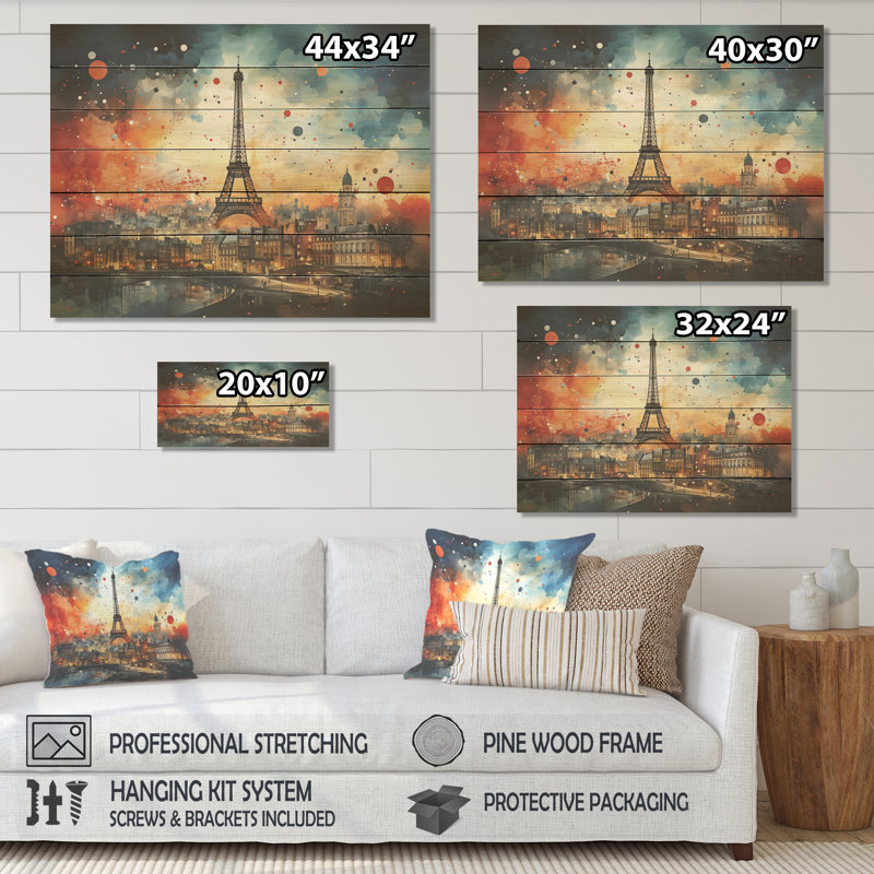 Vue du coucher du soleil de Paris de la Tour Eiffel - Paris sur impression sur bois, H 10 po x l 20 po
