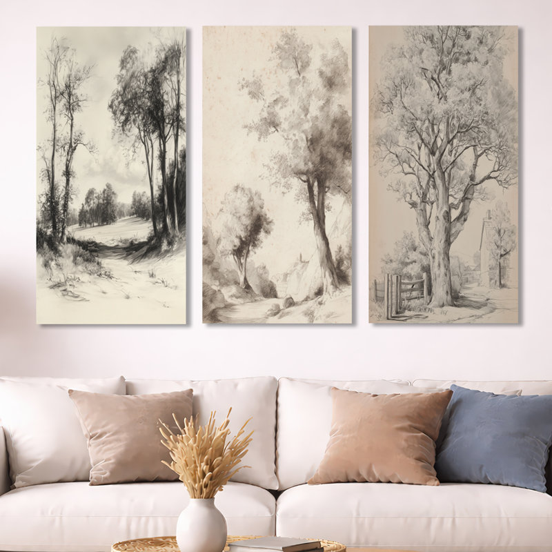 «Vintage Forest in English Countryside - Beige Trees», ensemble de 3 toiles encadrées, H 40 po x l 60 po, Toile tendue