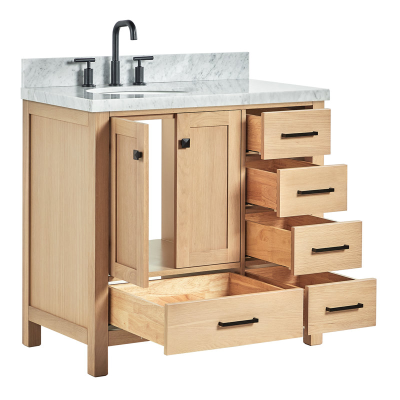 Cambridge 37'' Single Bathroom Vanity with Carrara Marble Top, Oak