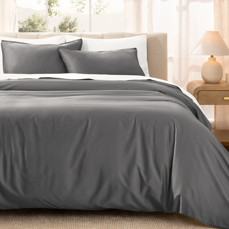  400 Thread Count Organic Cotton Sateen Duvet Cover Set, Grey, Twin/Twin XL Duvet Cover + 1 Standard Sham