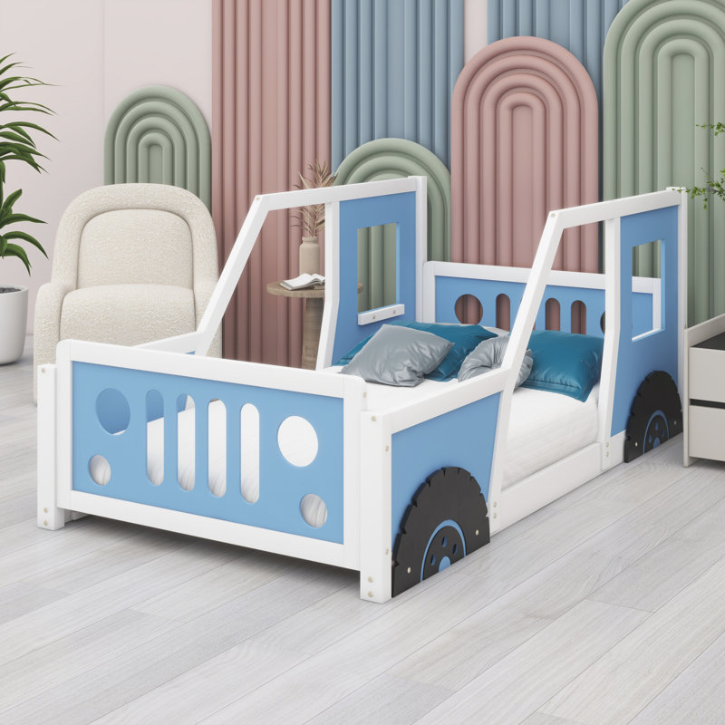 Lit plateforme classique avec roulettes en forme de voiture, Bleu