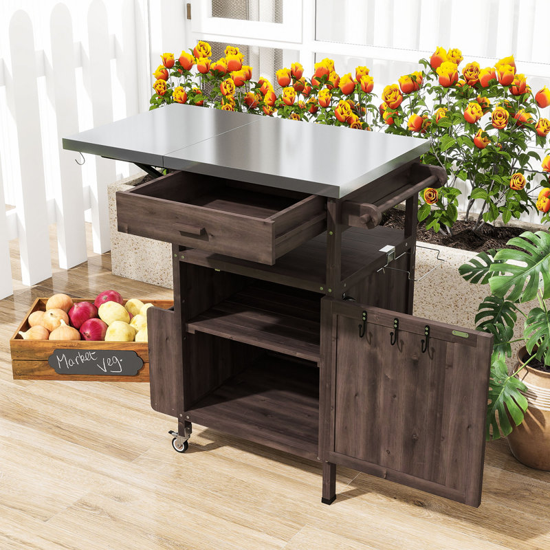 Chariot de barbecue extérieur roulant avec plateau en acier inoxydable, armoire de rangement, abattant, tiroir et support à épices
