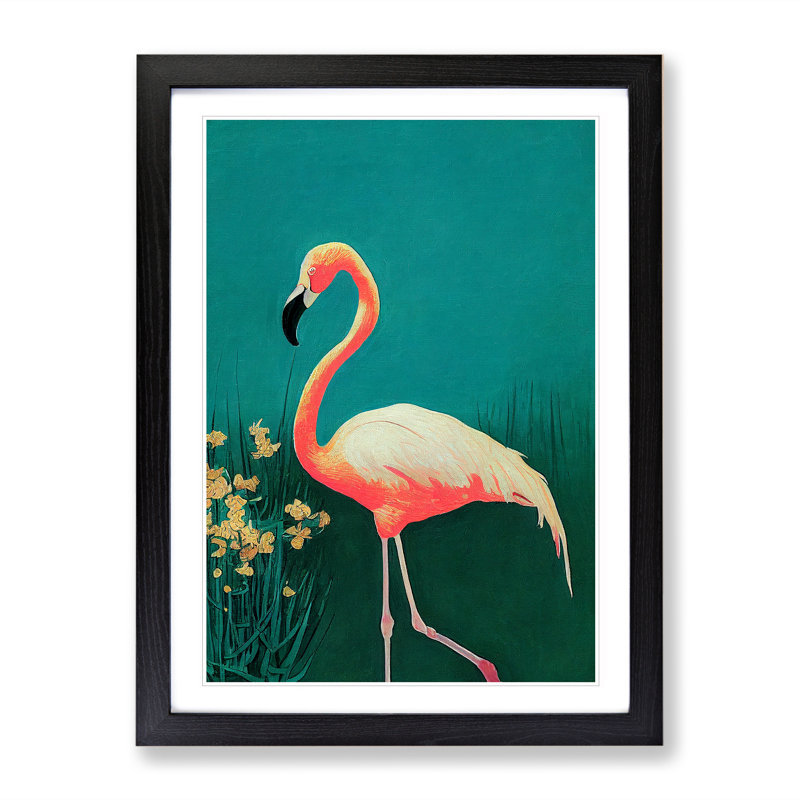 Walking Flamingo - Wall Art, Black Framed, 36cm H x 27cm W, White