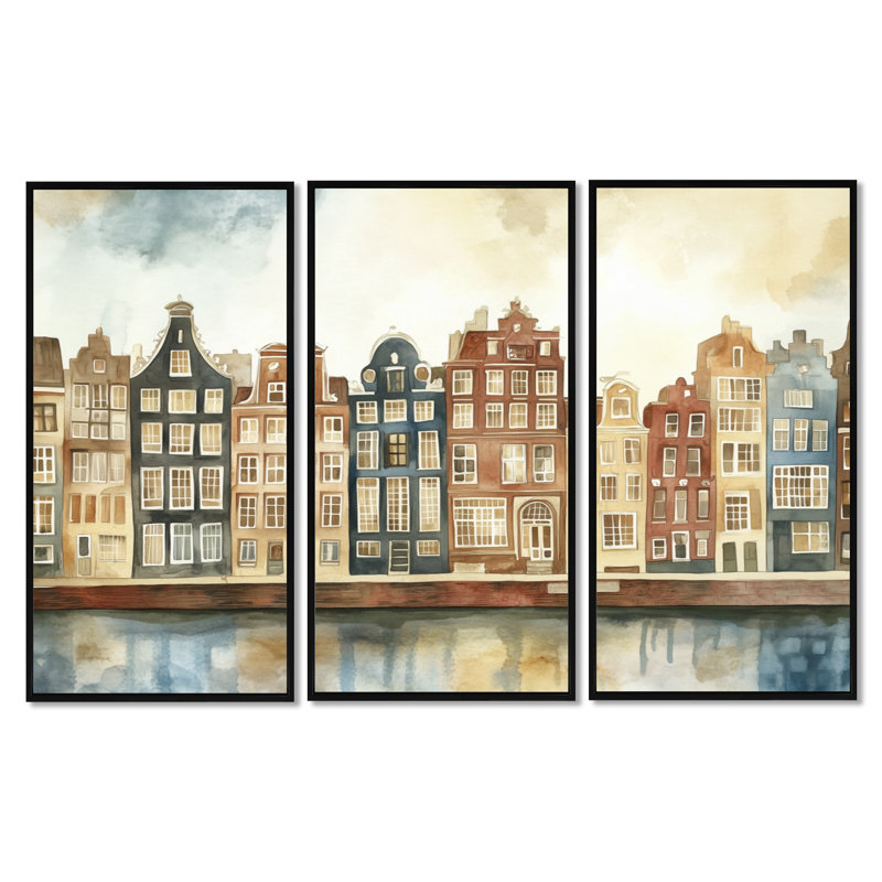" Canals Of Amsterdam " 3 - Pieces, H 40 po x l 60 po, Cadre flottant noir
