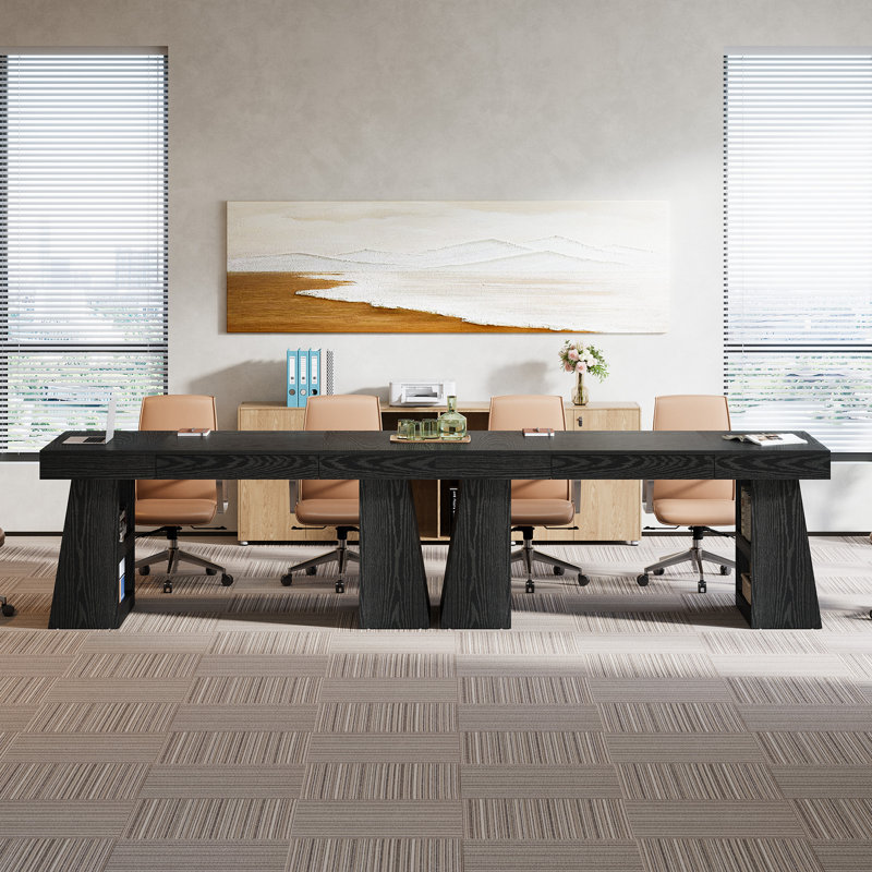 Table de conférence de 4,6 pi pour 4 à 6 personnes, table de réunion moderne avec tiroir de rangement et tablettes, Black