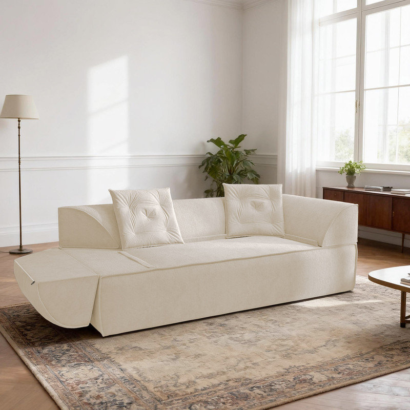 Canapé-lit convertible moderne en chenille 3 en 1, méridienne pliable avec 2 coussins, Beige