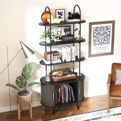 4-tier Bookcase, Freestanding Bookshelf With Storage Cabinet And Sliding Door
