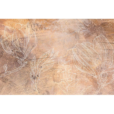 Vintage Newspaper Botanical Wallpaper with White Line Art Florals on Rustic Copper Texture for Home Decor