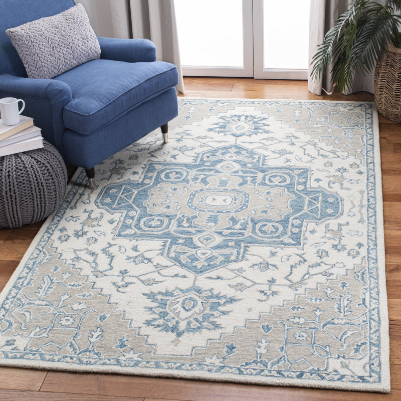 Deux Oriental Hand Tufted Wool Blue Area Rug, Rectangle 5' x 8'