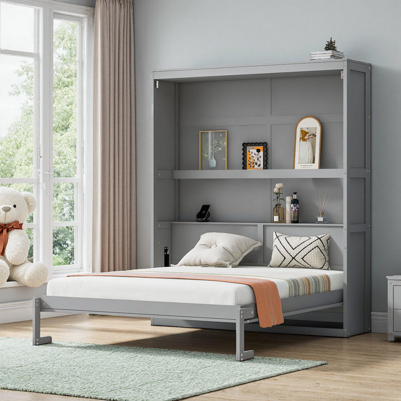 Grand lit escamotable gris à économie d'espace avec tablettes intégrées, armoire en bois massif robuste et panneau de fibres à densité moyenne