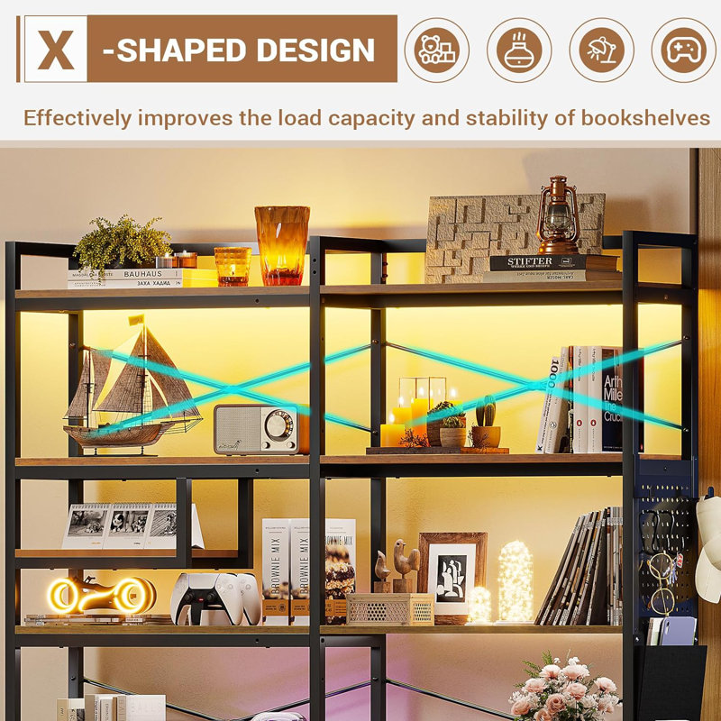 Rustic Brown 5-Tier Convertible Corner Bookshelf with LED Light