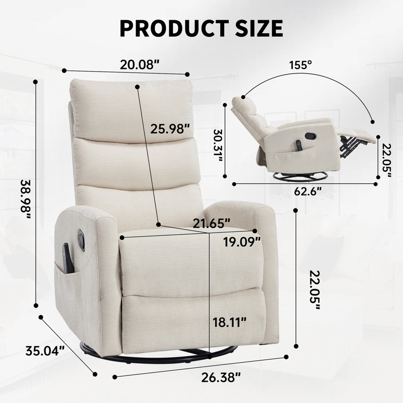 Heat Massage Manual Recliner Chair With Rocker And Swivel In Fabric For Living Room, Beige