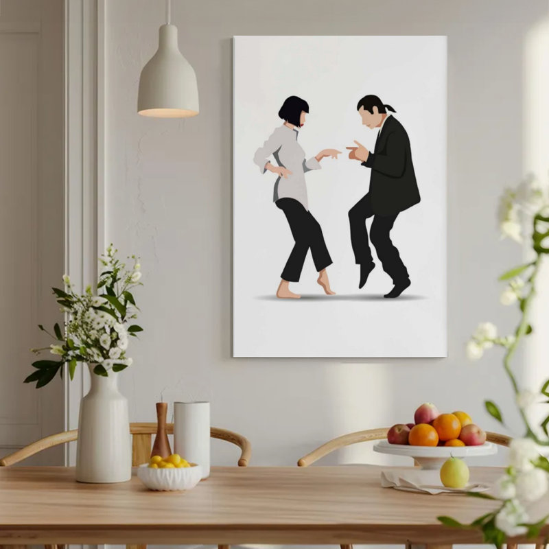 Couple dansant de manière stylisée, style artistique minimaliste. Art mural encadré en toile - Cadre en bois massif de 24 po x 36 po et 1 po d'épaisseur pour le salon ou la chambre à coucher