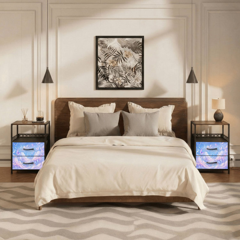 Table de chevet 2 tiroirs avec station de charge, table de chevet pour chambre avec ports USB et amp; Outlets, tablette ouverte noire, table de chevet avec imprimé de rubans de nuages pastel fantaisistes