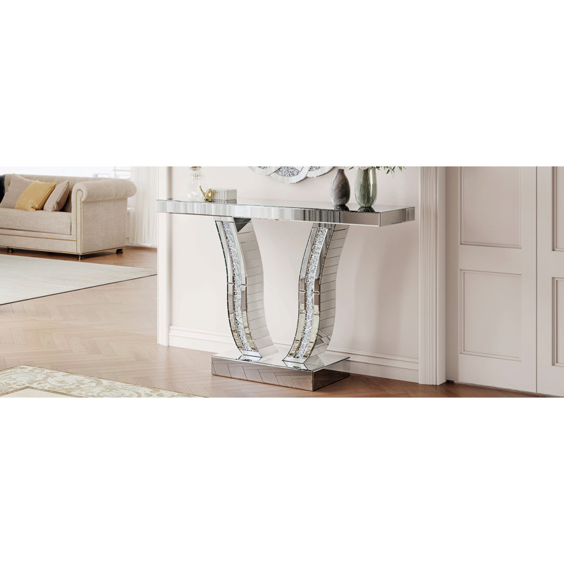 Console miroir de 109 cm, table d'entrée moderne argentée avec pieds incurvés incrustés de pierre, table d'entrée glamour argentée pour salon, table d'appoint moderne et luxueuse, table de hall d'entrée