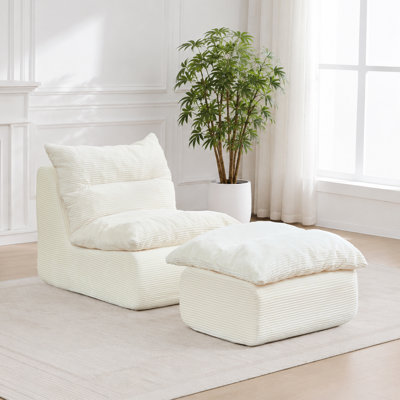 Bean Bag Chair with Ottoman, Corduroy Lazy Lounge Sofa with Footrest, High Density Sponge Reading Chair for Adults, Comfy Upholstered Chaise for Living Room Bedroom Apartment, Beige